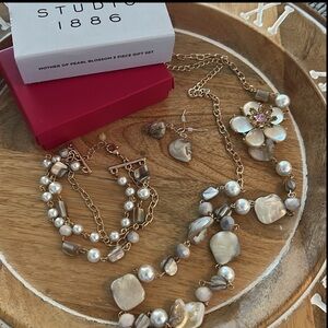 Avon mother of pearl jewelry set NEW necklace, earrings, bracelet goldtone